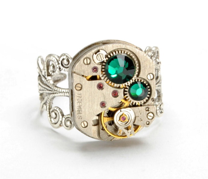Steampunk Ring Steampunk Jewelry Steampunk Vintage Watch Ring May Birthstone Emerald Green Silver Steam Punk Jewelry Victorian Curiosities