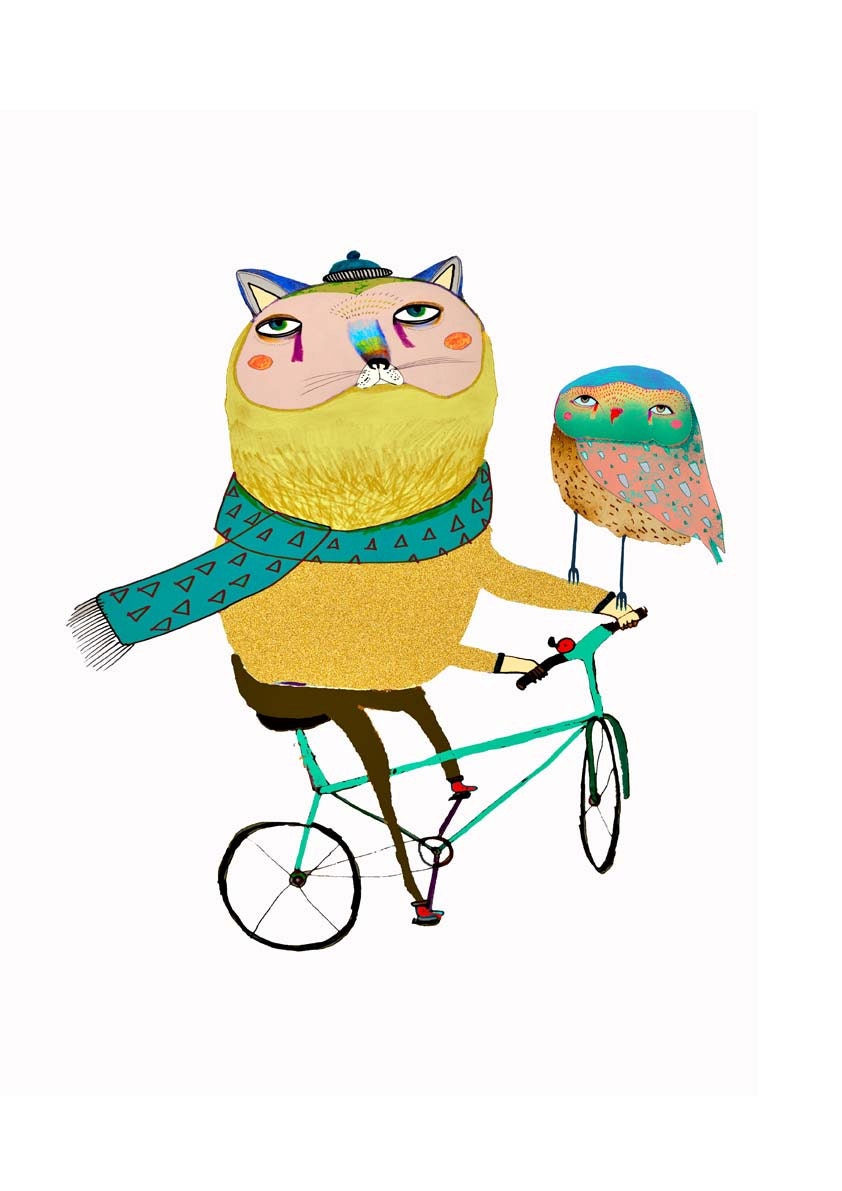 Cat and Owl on Bike. Illustration.
