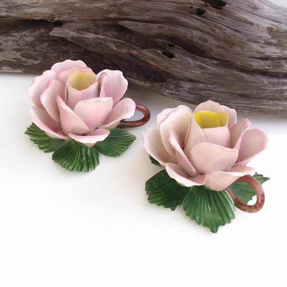 Vintage Flower Candle Holder, Porcelain Flowers, Large Rose / Taper Candle Holders / Pink / Green