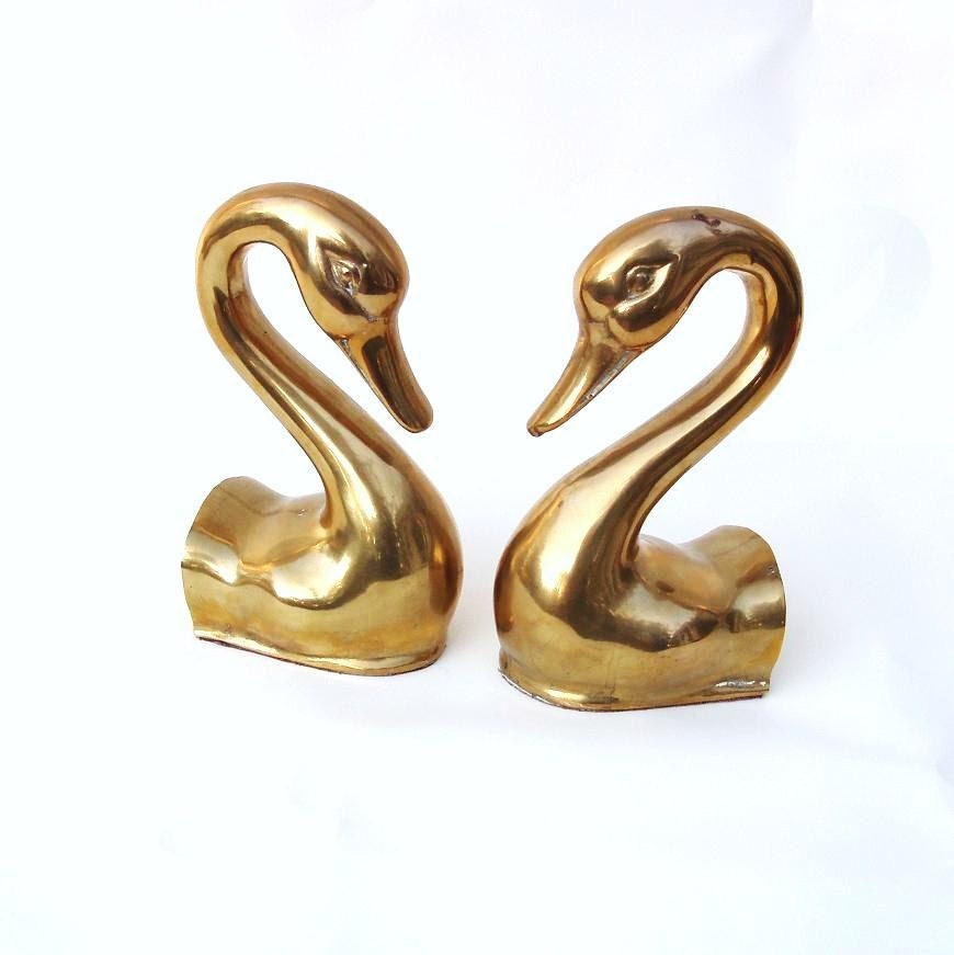 Brass Bookends, Metal Book Ends, Brass Swans, Hunting Decor, Woodland Animals / Birds / Solid Brass /  Gold