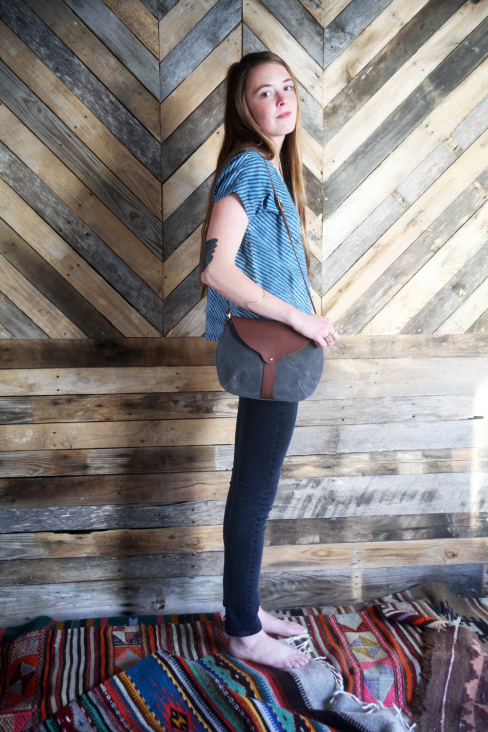 The Taplin Purse in Charcoal Waxed Canvas with Dusty Jade Lining