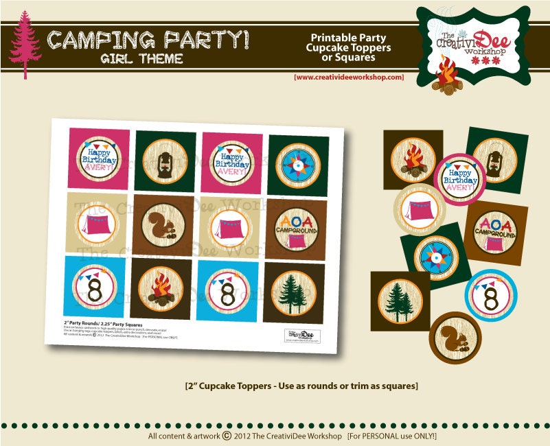 Camping Party - Girl Theme -  Cupcake Toppers - Printable Cupcake Toppers