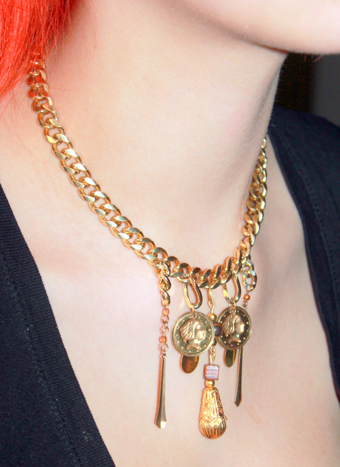 Metal Fringe Money Necklace Re-Purposed Upcycled Victorian Styled Necklace Gold