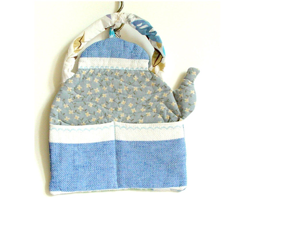 Kitchen Decor, French Country Decor, Wall Organizer, Textile Pocket, Blue White Organizer, Bills Holder, Kitchen Holder, Fabric Kettle