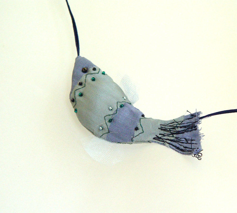 Fish pendant, textile jewelry,  textile necklace, fabric pendant, soft jewelry, blue linen, grey silk