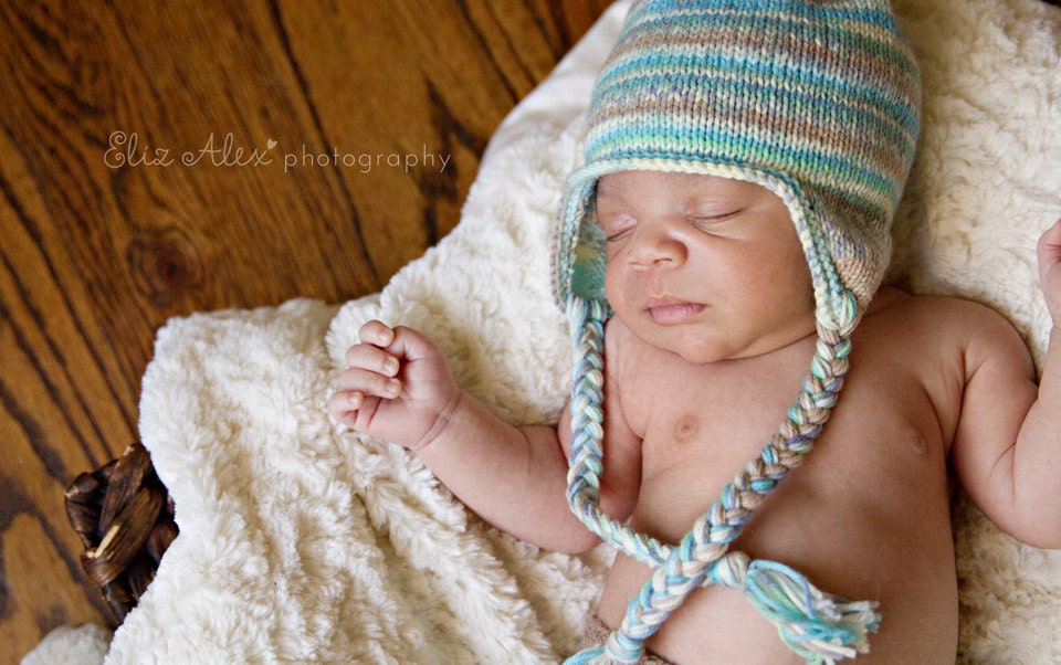 Knit Earflap Hat, Braids Blue Green Tan Multicolored, Newborn to 6 Month Size (Item 814)
