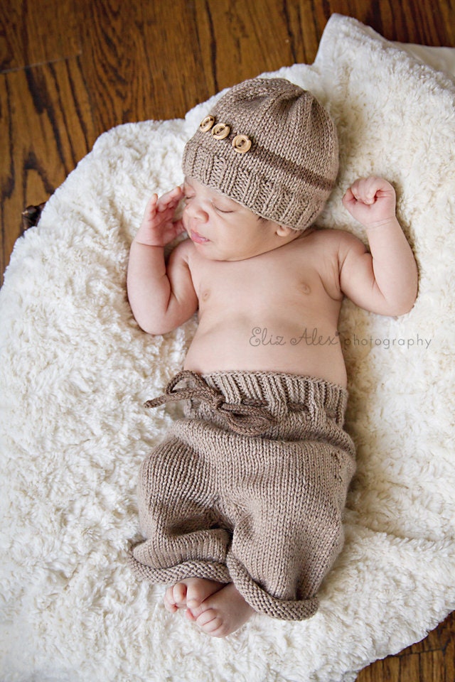 Newborn Prop Photo Set, Knit Hat and Pants, Tan and Brown, Newborn Size (Item 813)