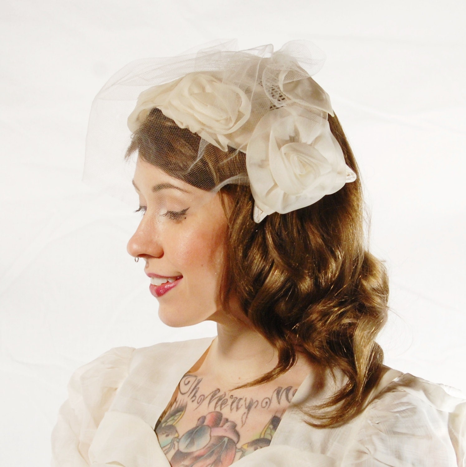 Vintage Off White Veil and Rosette Headband Hat