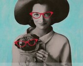 Mixed Media Collage Print, Mod Pug, Aqua and Hot Pink Colorful Pastel Retro Art