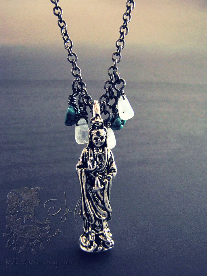Divinity Necklace - Quan Kwan Yin Buddhist Goddess Of Compassion Stabilized Turquoise Moonstone Briolettes Button Clasp - Soft Moon