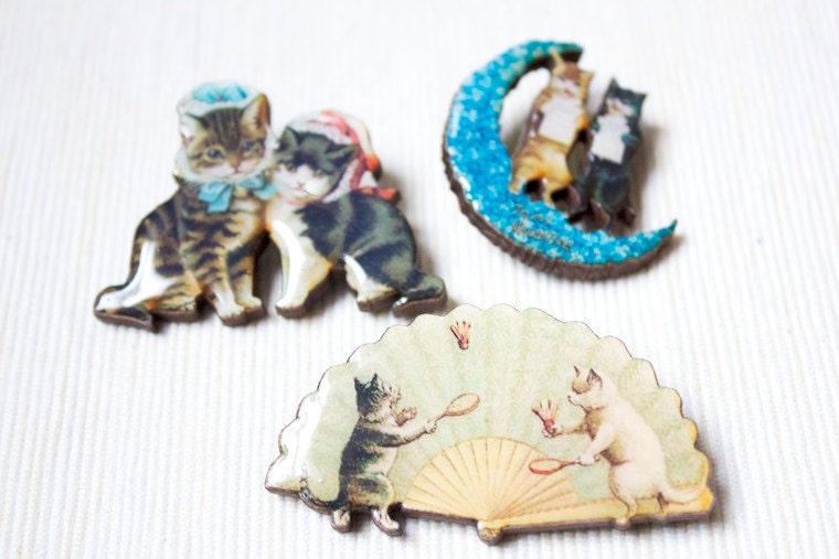 Cat Brooch, Pin, Kitty Brooch, Animal Broach, Wood, Cute Jewelry, Victorian Illustration, You get all three, moon, tennis, kittens