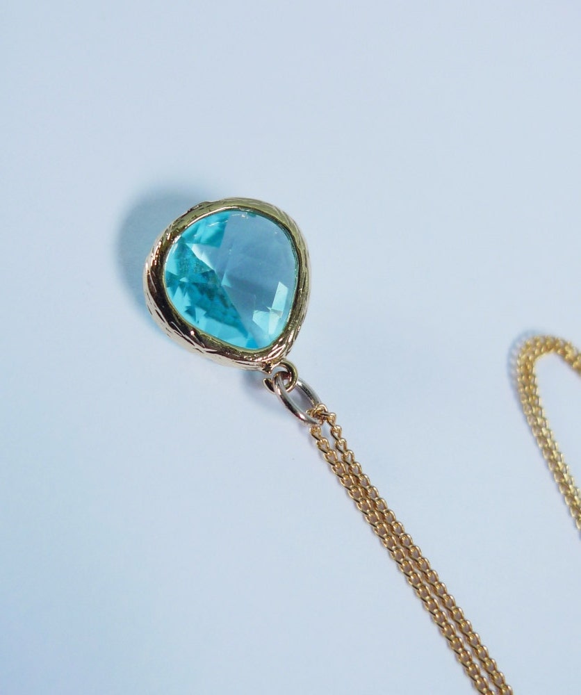 Aquamarine Necklace - Gold Blue Bridesmaids Necklace Under 20 - Sky Blue Czech Glass Pendant