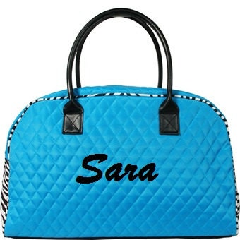 Personalized Quilted Duffle Tote Bag Turquoise Zebra