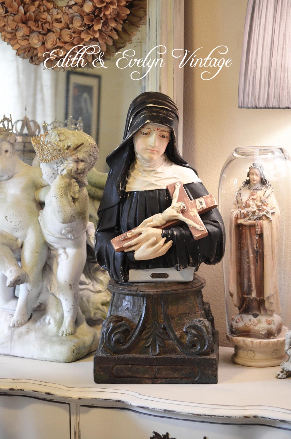 Rare Antique St Rita Bust Statue, Signed and Dated 1918, Large Bust