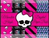 Monster High (1) Digital Paper Pack 300 dpi 4 - 12x12 Inch Sheets Scrapbooking Birthday Cards Invitations Weddings Stationary