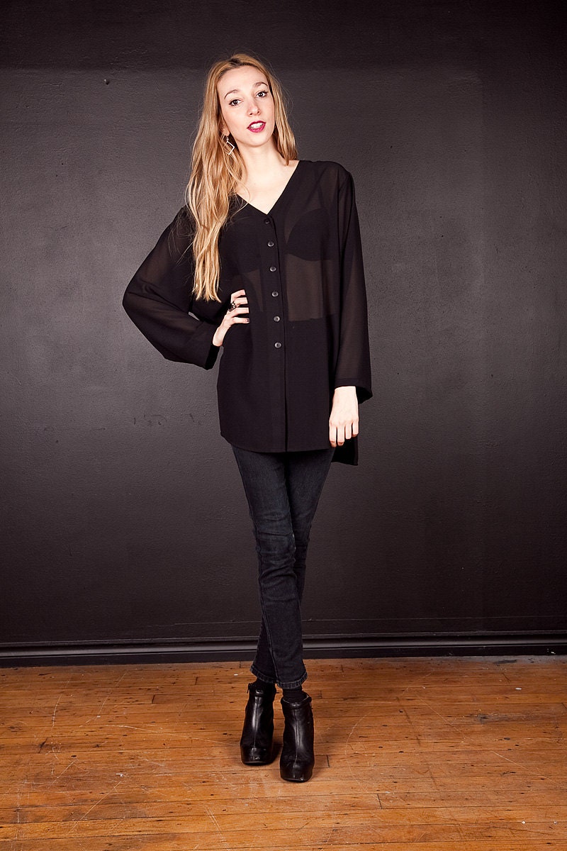 Semi Sheer Black Chiffon Top / Button Front Collarless Blouse / L / XL