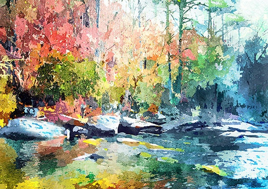 RAINBOW RIVER beautiful reflections of trees & rock -Nantahala Gorge - Blue Ridge Mtns - Nature art - watercolor-like 5x7 matted to 8x10