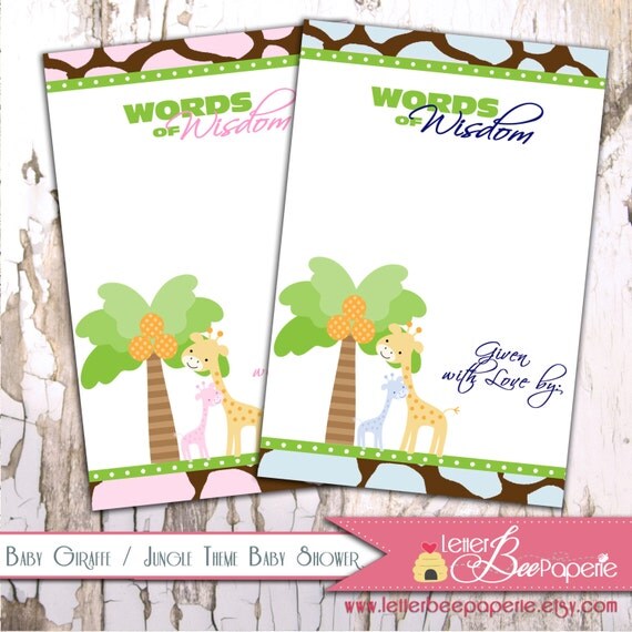 Baby Giraffe / Jungle Theme Custom Words of Wisdom Cards - DIY You Print - Boy, Girl, Gender Neutral - Pick Your Colors Il_570xn