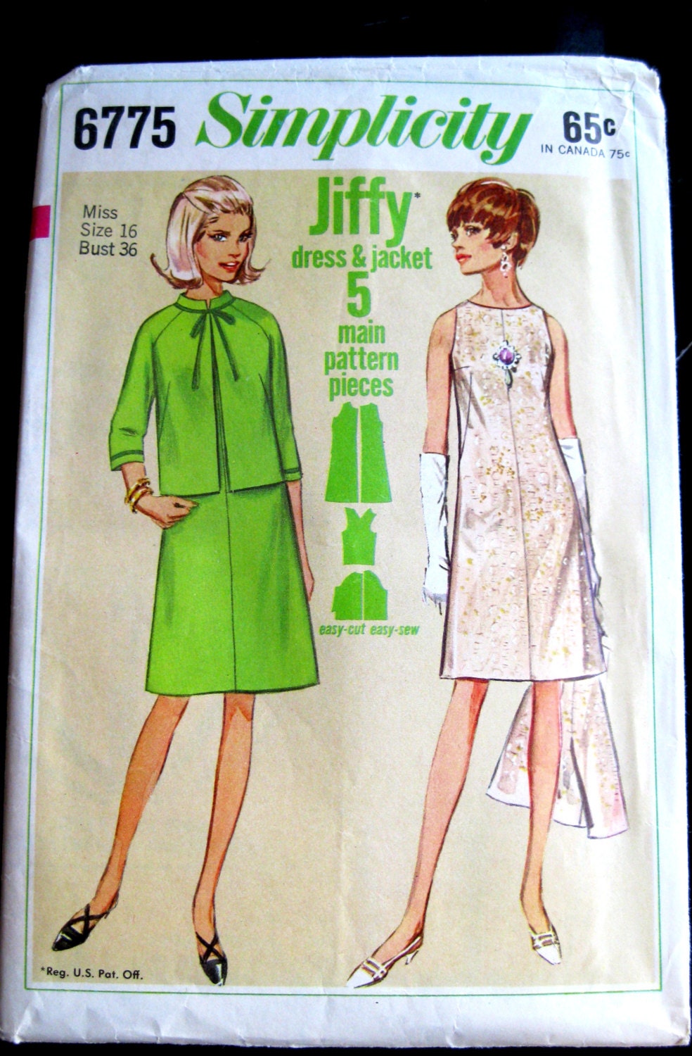 Simplicity 6775 Misses 1960s MOD Dress & Jacket Pattern Bust 36 Size 16 Jiffy Jewel Neckline Mandarin Collar