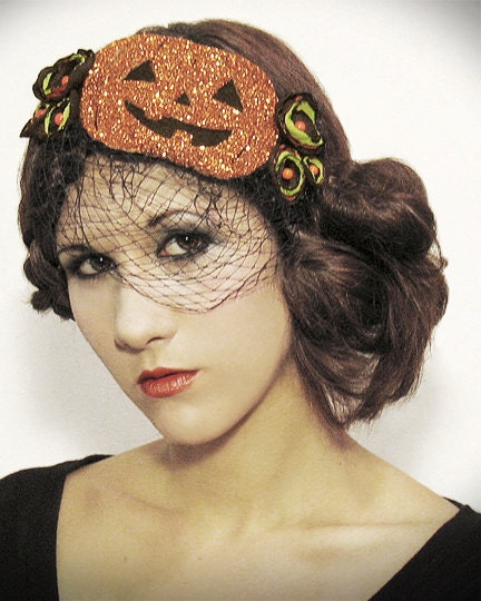 Halloween pumpkin cocktail hat with flowers and veil