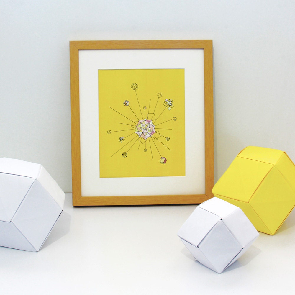 Champagne Supernova - Dodecahedron, Modular Origami Art Print, 8" x 10" (20cm x 25cm) in Yellow