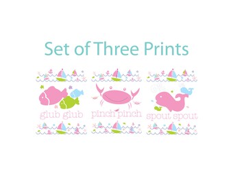 Nautical Nursery, Pink Nautical, Art for Nursery, Nursery Wall Art, Kids Art, Pink Nautical, Glub, Pinch, Spout Set of 3 8x10s