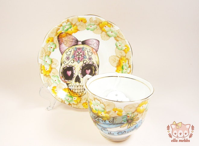 Vintage Tea Cup and Saucer with aYellow Sugar Skull Illustration
