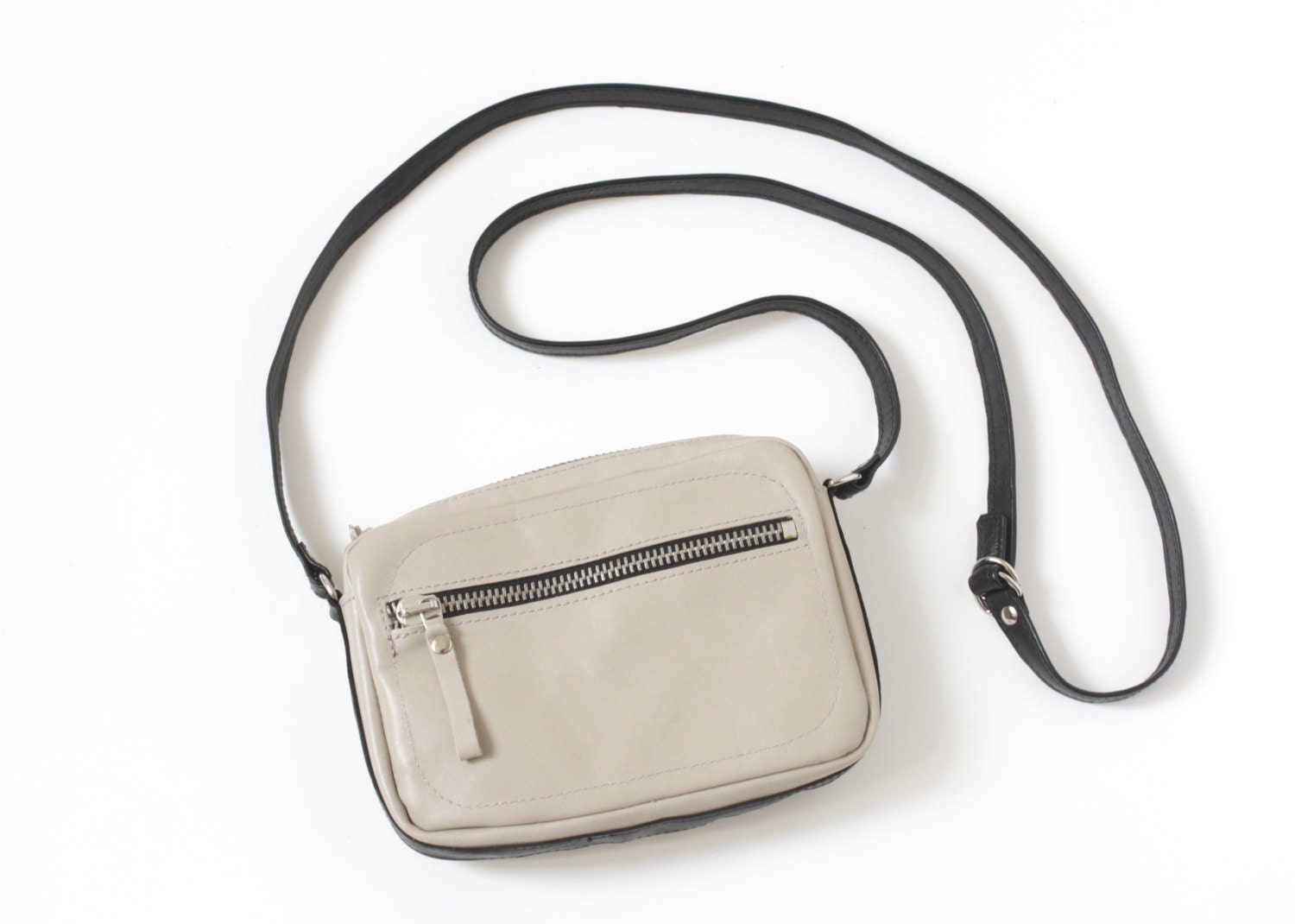 Genuine Leather Double Zipper Crossbody Bag in Light Sand and Black, adjustable strap, Small, handbag, shoulder bag, purse