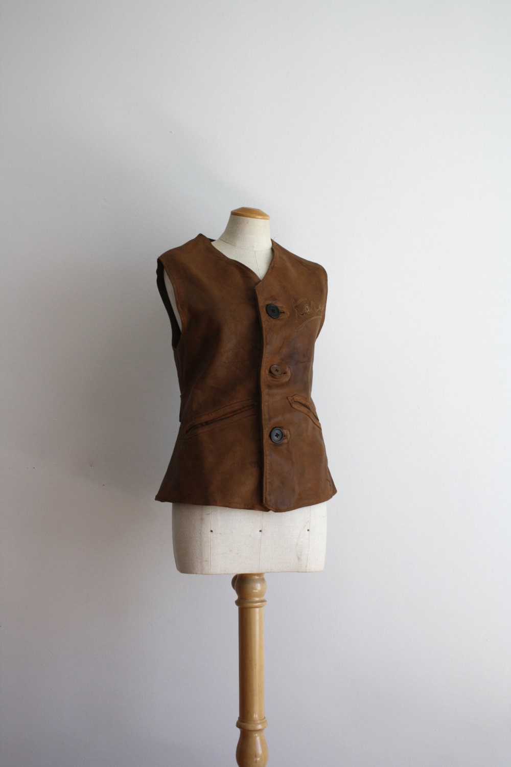 Leather Vest Brown Wool Green Embossed Bohemian - Women's Small - 1960s VINTAGE