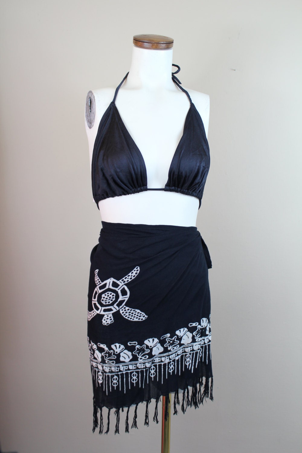 SALE Ethnic Batik Black & White Turtle Sea Shells Wrap Tie Fringe Mini Skirt Cover Up