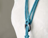 Knitted fiber jewelry necklace with ebony wood rings, turquoise fiber necklace, blue knitted jewelry