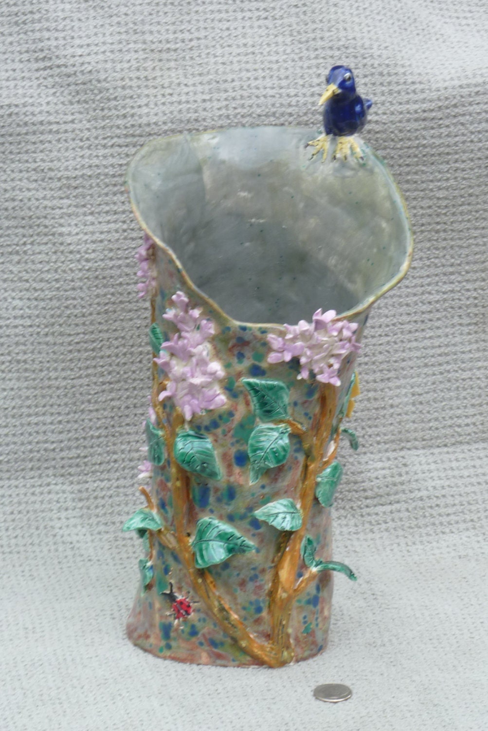 Bluebird lilac vase with yellow butterfly handmade in USA  from a lump of clay totally unique Mother Day is coming