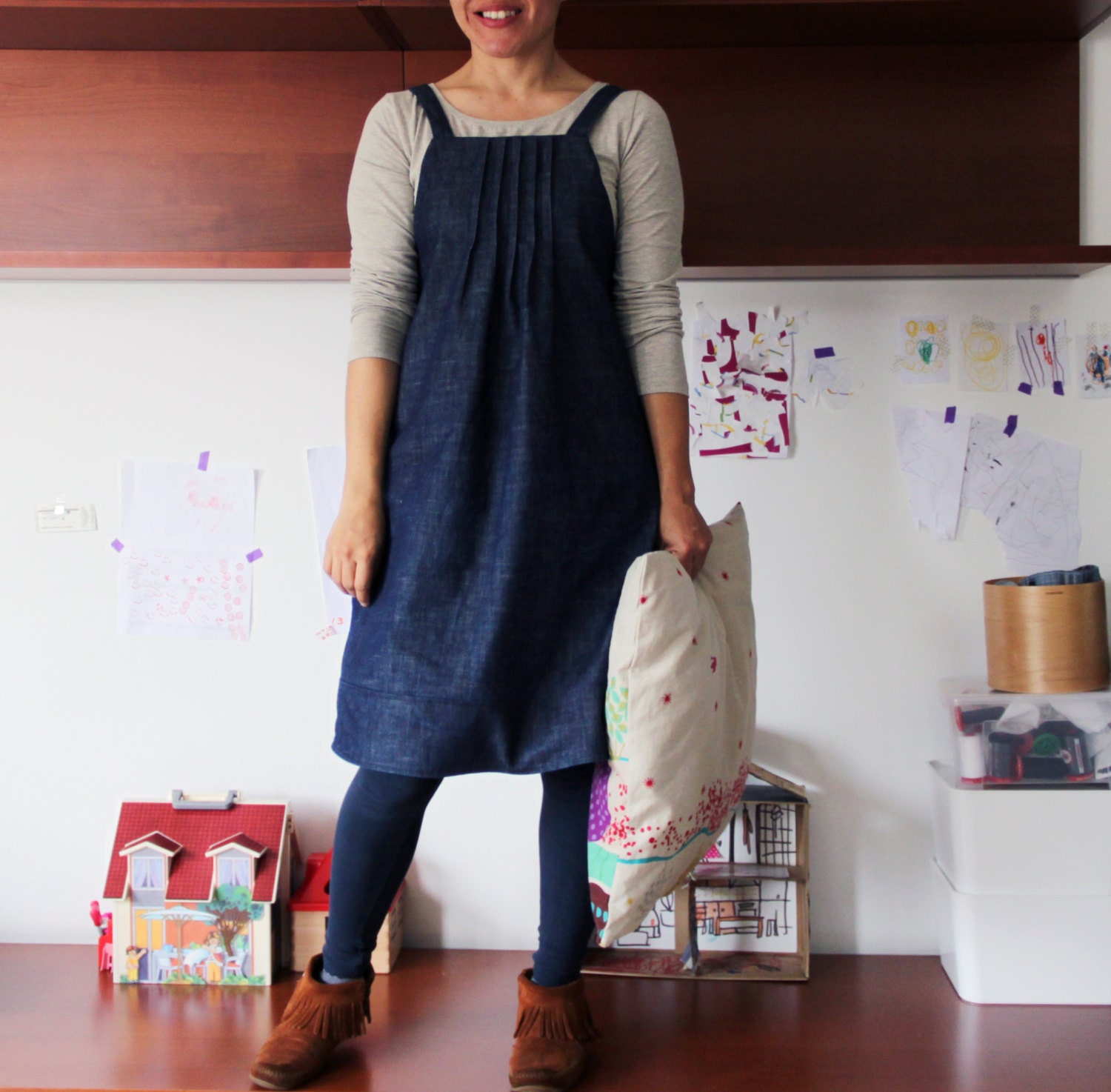 Denim women's pinafore dress japanese style. Pintucks. Sizes S, M, L. Dark classic denim.