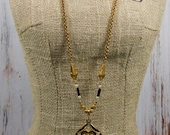 Vintage Victorian Ornate Black & Pearl Pendent Neclace