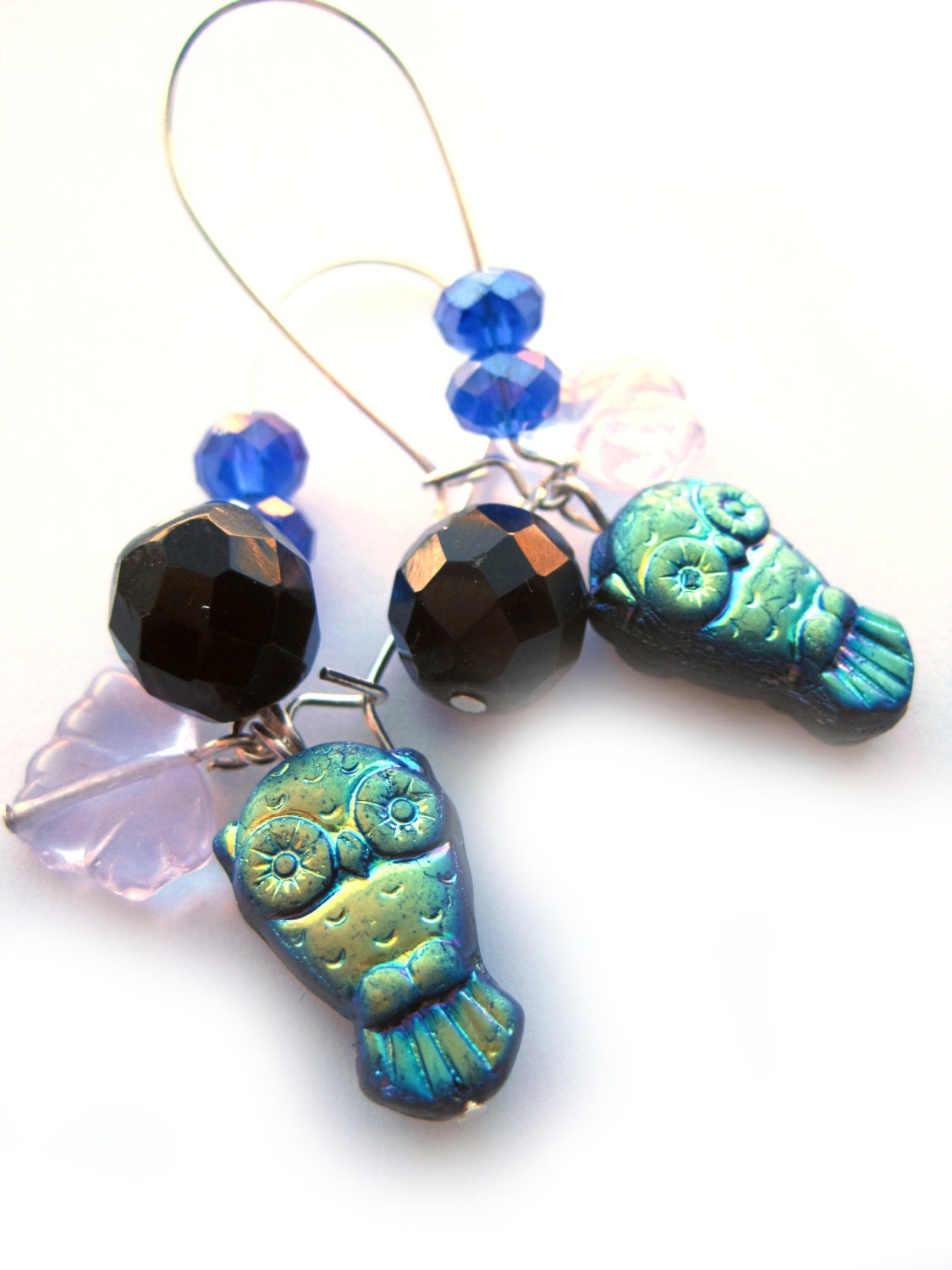 Owl earrings - Blue earrings, black earrings, black and blue, iridescent - Woodland earrings -  Czech glass beads, vintage beads, sparkle