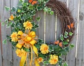 Summer Wreath - Summer / Spring Wreath in Orange and Gold with Monarch Butterflies - Wreath with Bow