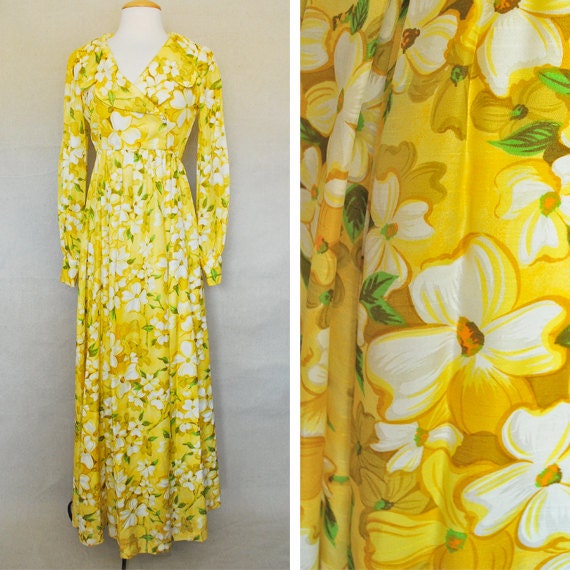 Vintage 60s or 70s Maxi Dress Summer Yellow with Floral Print Handmade Small Medium Large