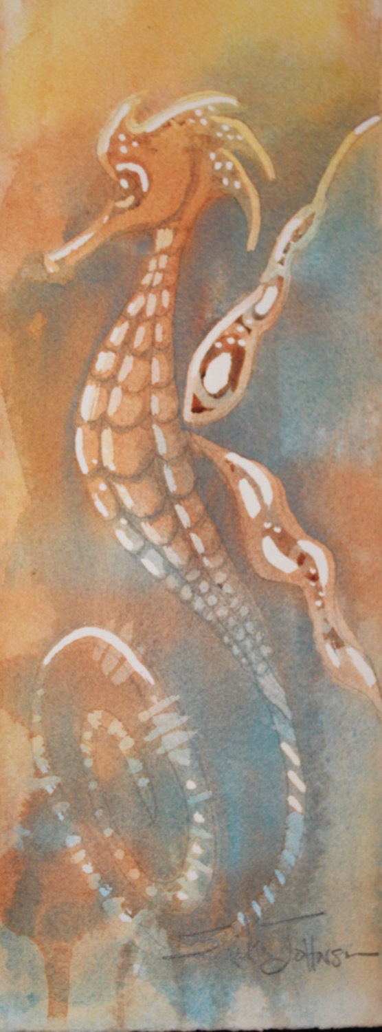 Whimsical Sea Horse Original Water Color Painting approx. 5 x 13 inches - Coastal - Beach Art - Condo Decor Ocean