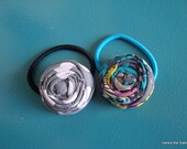 Gray and White Dot and Bright Multi-Colored Rolled Fabric Flower Ponytail Holders - Set of 2 - for Girl, Teen, Adult