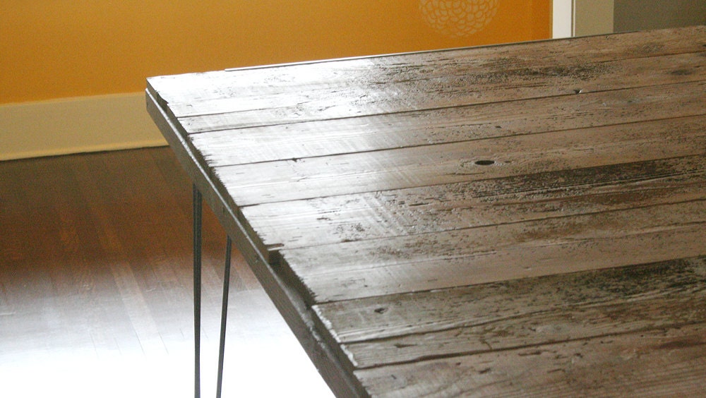 dining table for six from reclaimed old growth wood with steel hairpin legs, industrial modern rustic