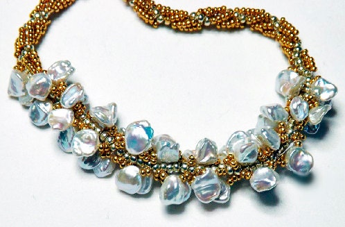 Handmade Gold and Silver Spiral Necklace with fresh water pearls - silver clasp - galvanized seed beads