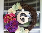 The Hydrangea Paper Fan Grapevine Monogram Wreath Personalized Gift Under 50