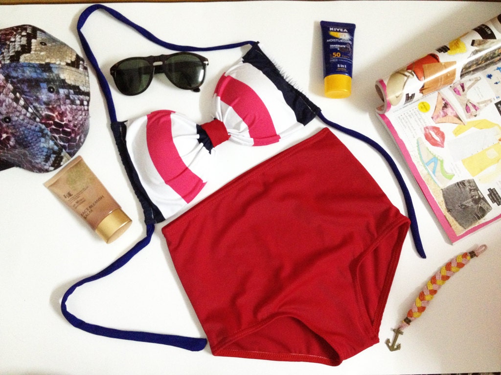 New vintage high waist bikini color stripe top and red bottoms fashion on summer women set handmade 100%