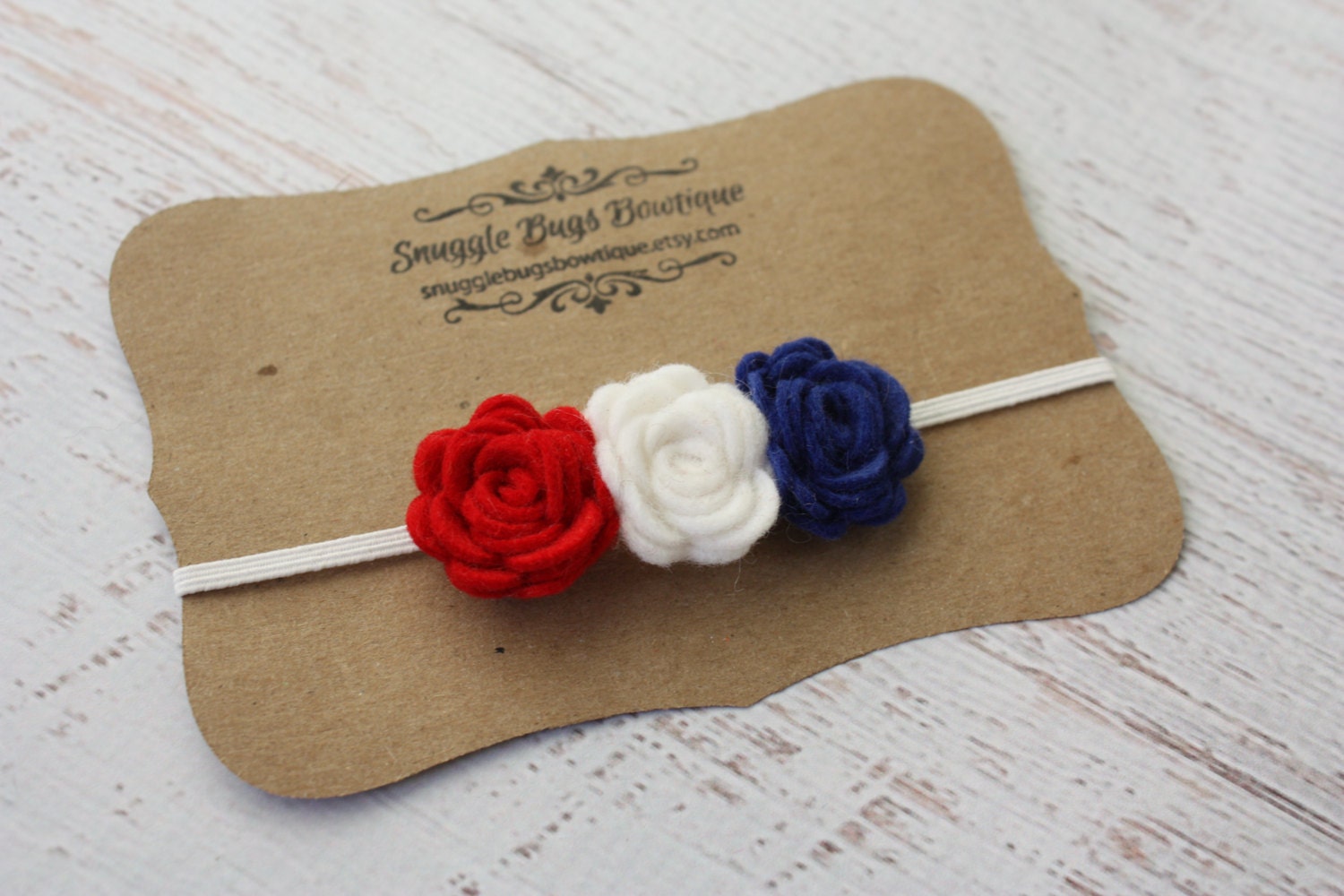 Red White and Blue Felt Flower Headband - Patriotic Rose Trio - Newborn Baby to Adult