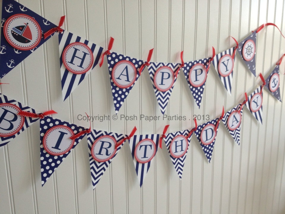 Nautical Party - Happy Birthday Bunting Banner- Flags Banner - Red, White and Blue - Navy - Il_570xn