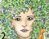 Nature Girl with Animals Fox Goose Hummingbird - 5"x7" Matte Archival Print
