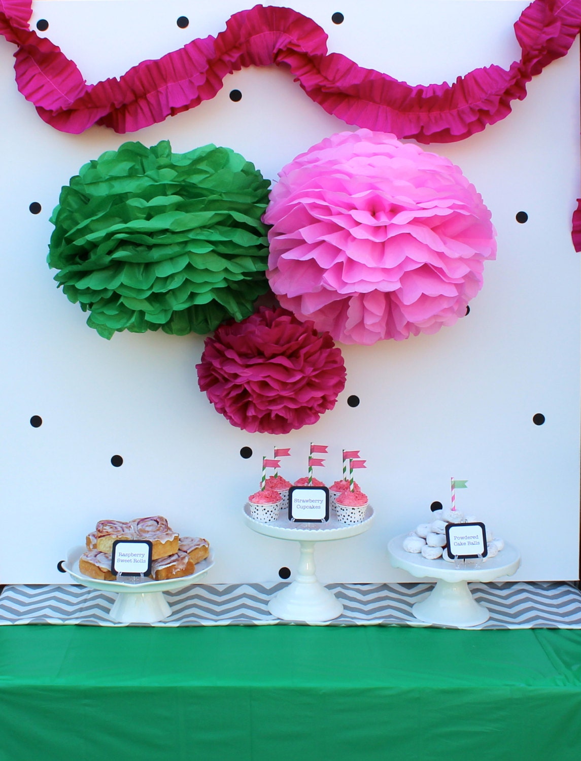 Lilly Collection- 5 Pom Poms- Little girls party decoration/ photoshoot props/ baby shower decortation/ pink and green