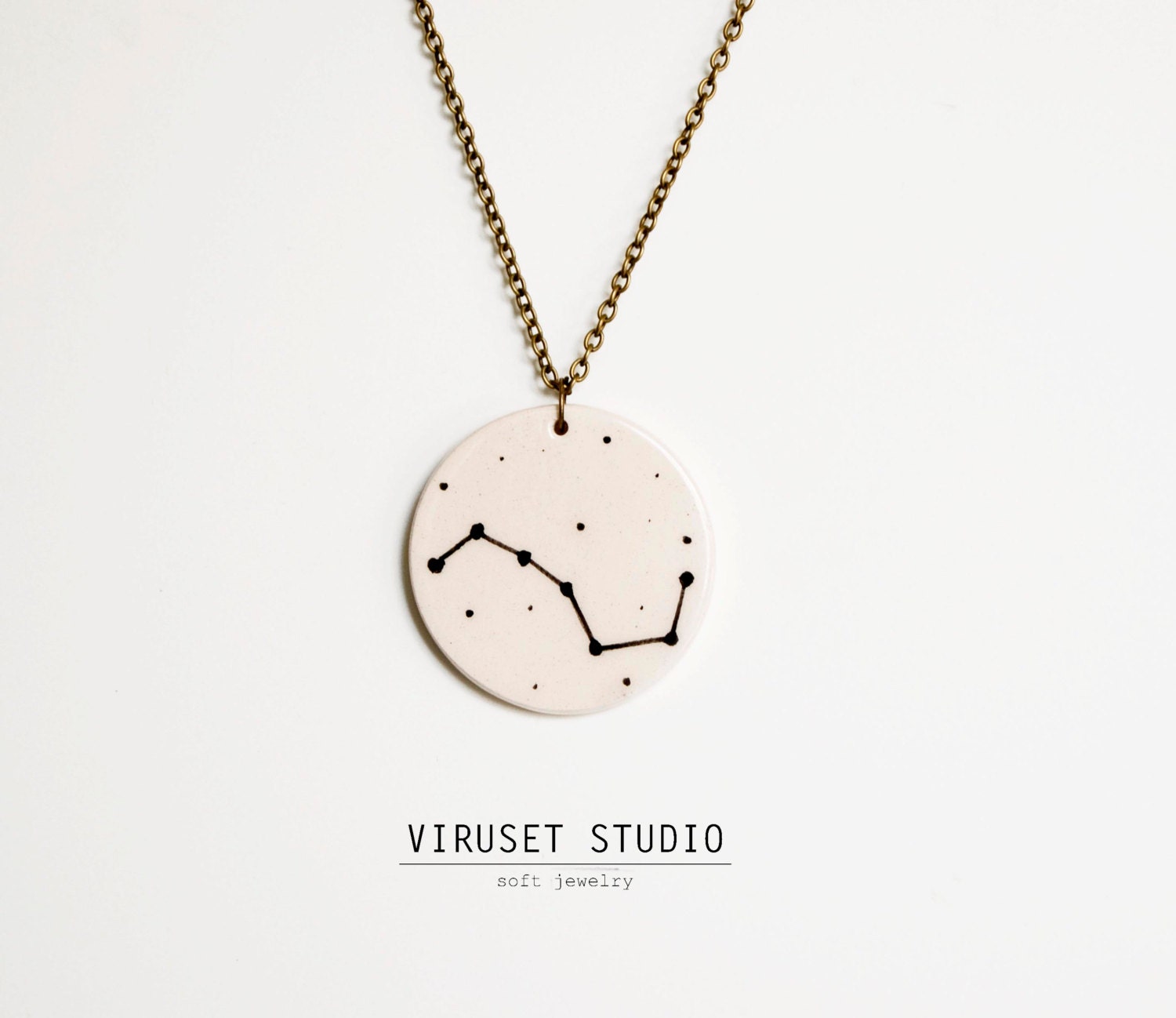 White ceramic pendant with Ursa Major, for women. Minimalist and modern chain necklace. Completely handmade by Viruset Studio.
