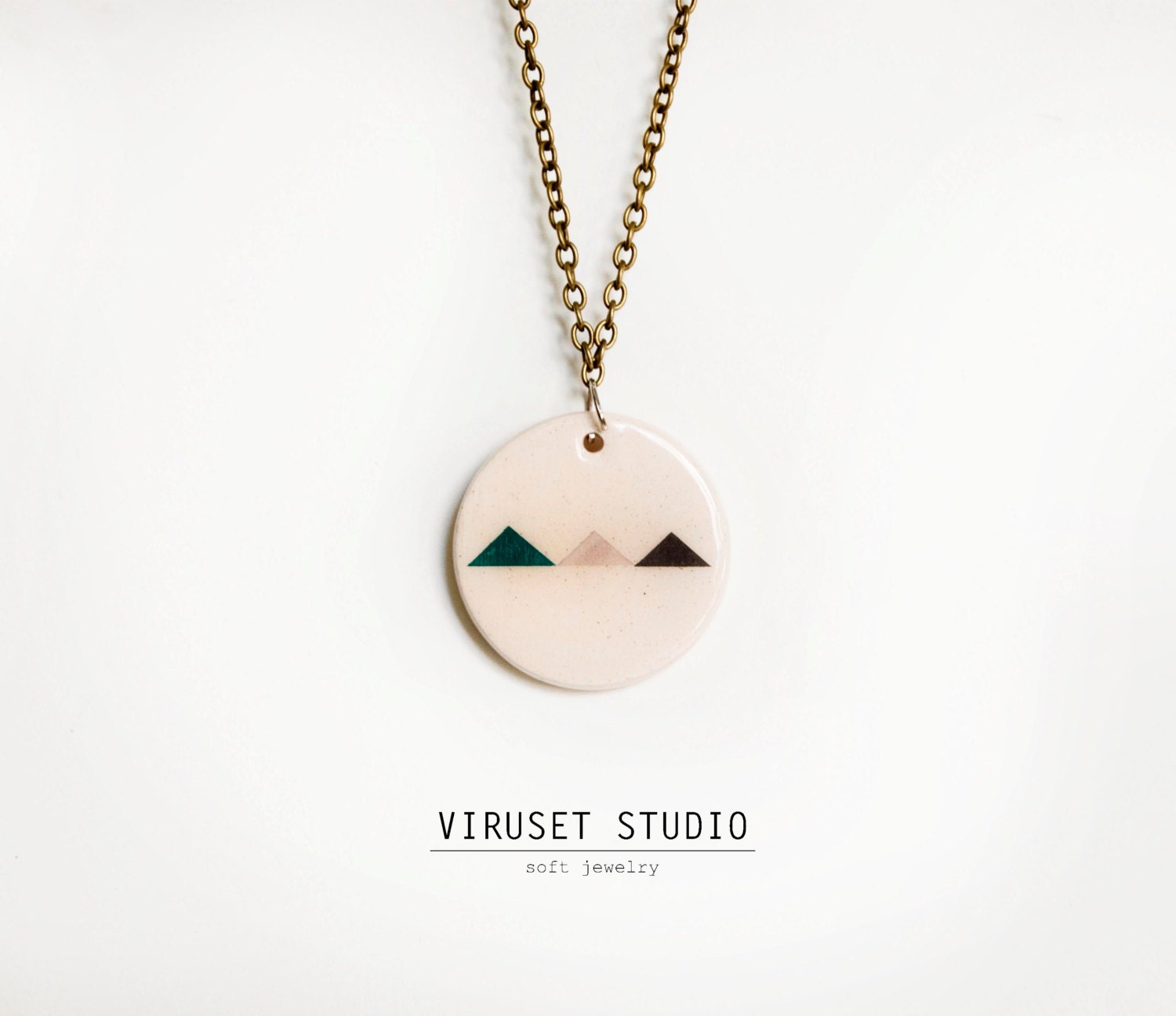Ceramic necklace geometric white, emmerald, black  & pale rose pendant inspired by Scandinavian design completely handmade. Viruset Studio