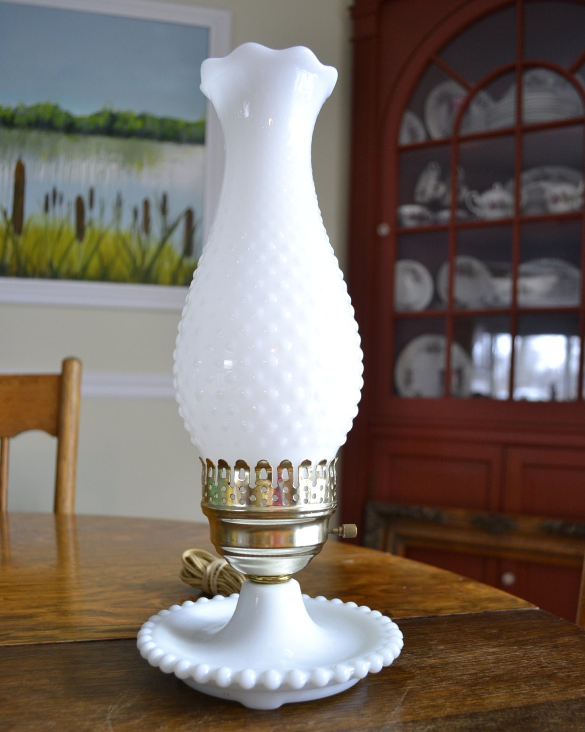 Vintage Electric Hurricane Lamp White Milk Glass Hobnail Light 1960s Cottage Chic